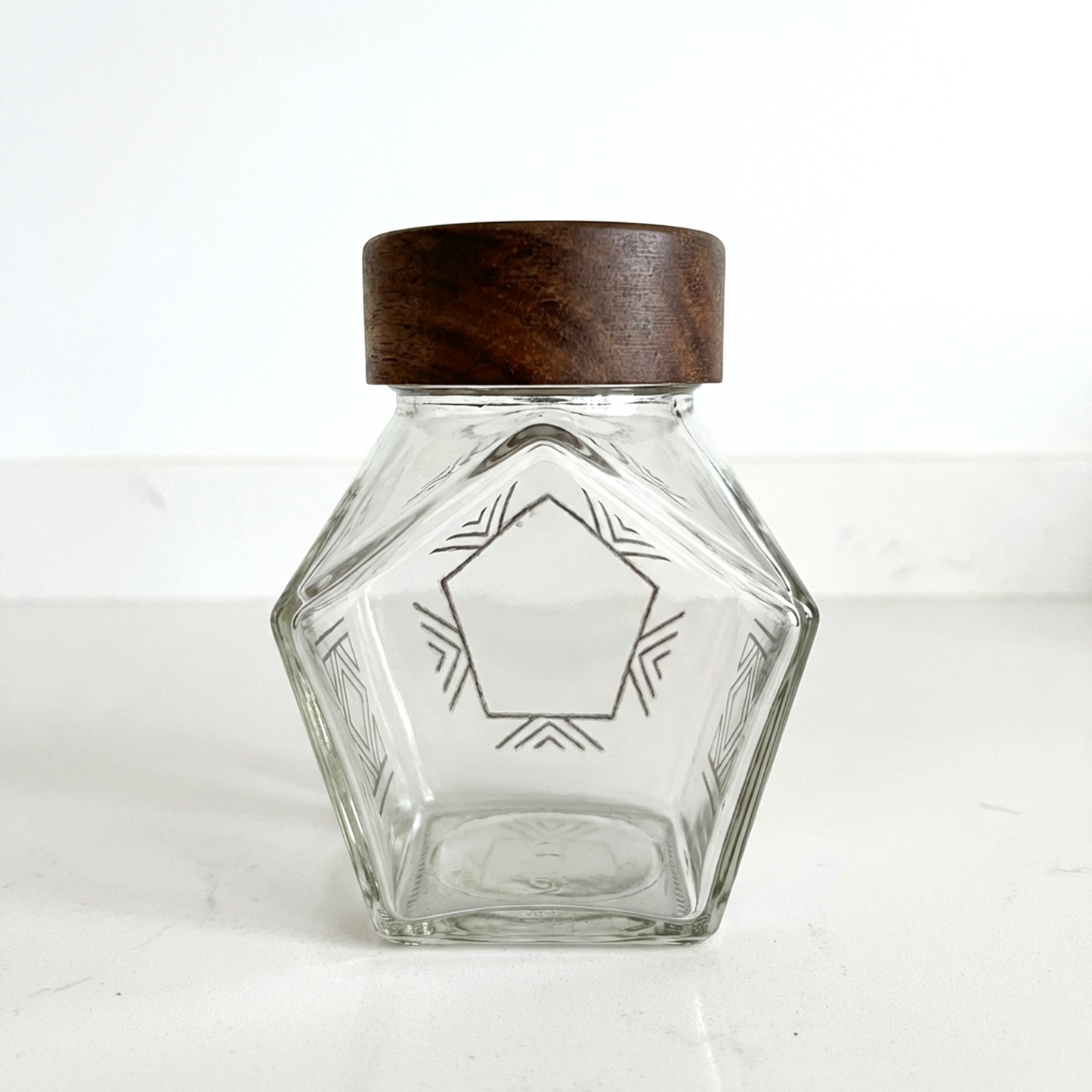 Geometric Glass Spice Jar | Wooden Lid Storage Canister | Kitchen Counter Organizer