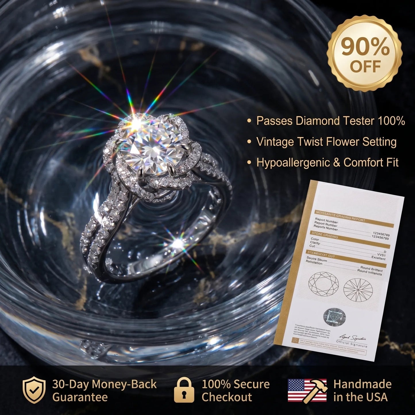 Handcrafted Vintage Twist Flower Moissanite Ring — Passes Diamond Tester, Hypoallergenic & Perfect Travel Ring--Last Day Sale🔥90% OFF