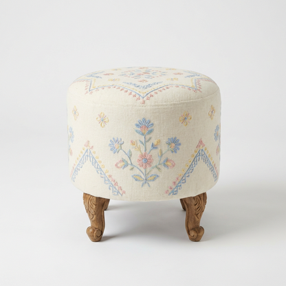 Vintage Embroidered Round Ottoman Stool | Floral Upholstered Footstool | Carved Wooden Legs