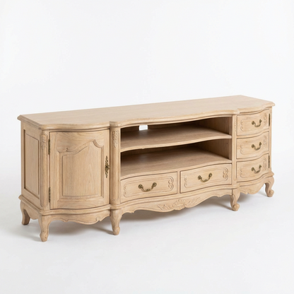 French Country Oak TV Stand | Vintage Carved Media Console | Cabinet + Drawers Storage