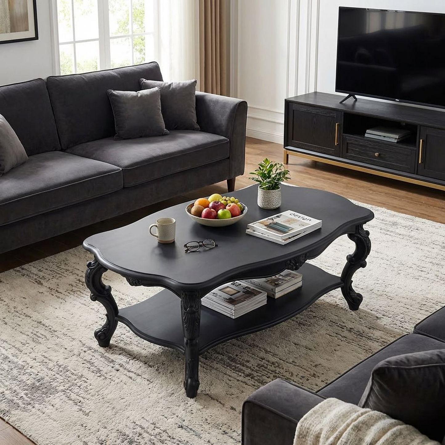 Vintage Black Coffee Table | Ornate Carved Legs | 2-Tier Living Room Center Table