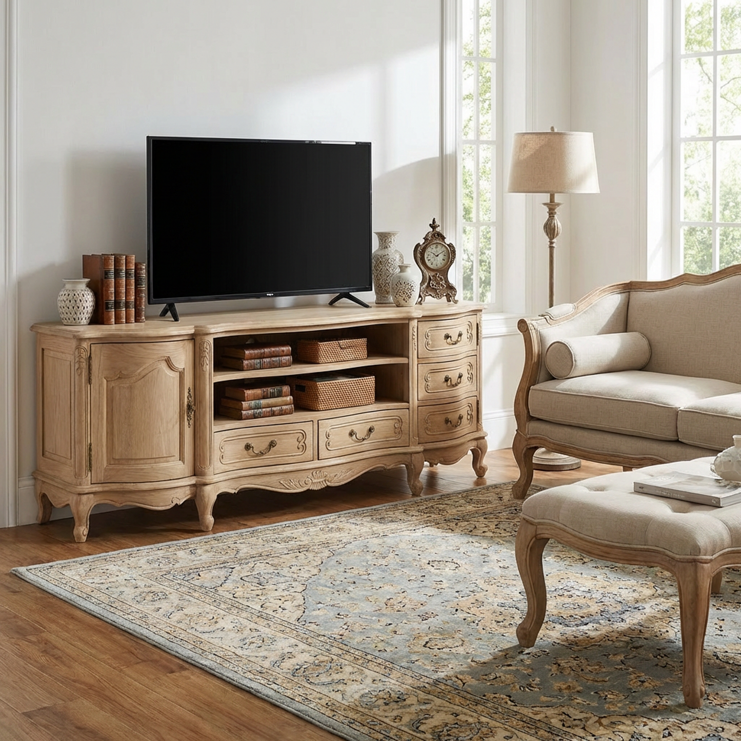 French Country Oak TV Stand | Vintage Carved Media Console | Cabinet + Drawers Storage