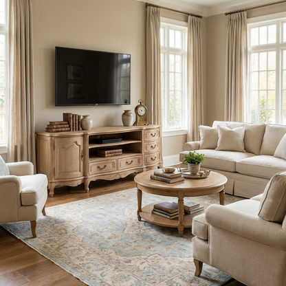 French Country Oak TV Stand | Vintage Carved Media Console | Cabinet + Drawers Storage