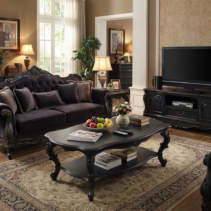 Vintage Black Coffee Table | Ornate Carved Legs | 2-Tier Living Room Center Table