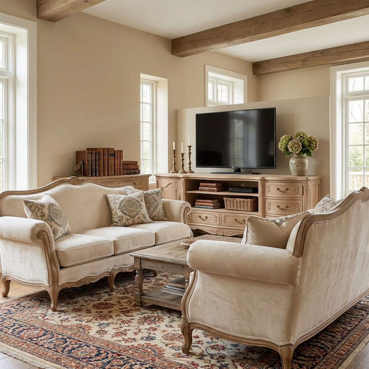 French Country Oak TV Stand | Vintage Carved Media Console | Cabinet + Drawers Storage