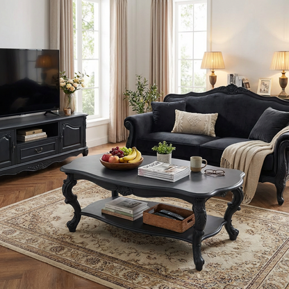 Vintage Black Coffee Table | Ornate Carved Legs | 2-Tier Living Room Center Table