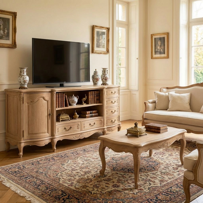 French Country Oak TV Stand | Vintage Carved Media Console | Cabinet + Drawers Storage