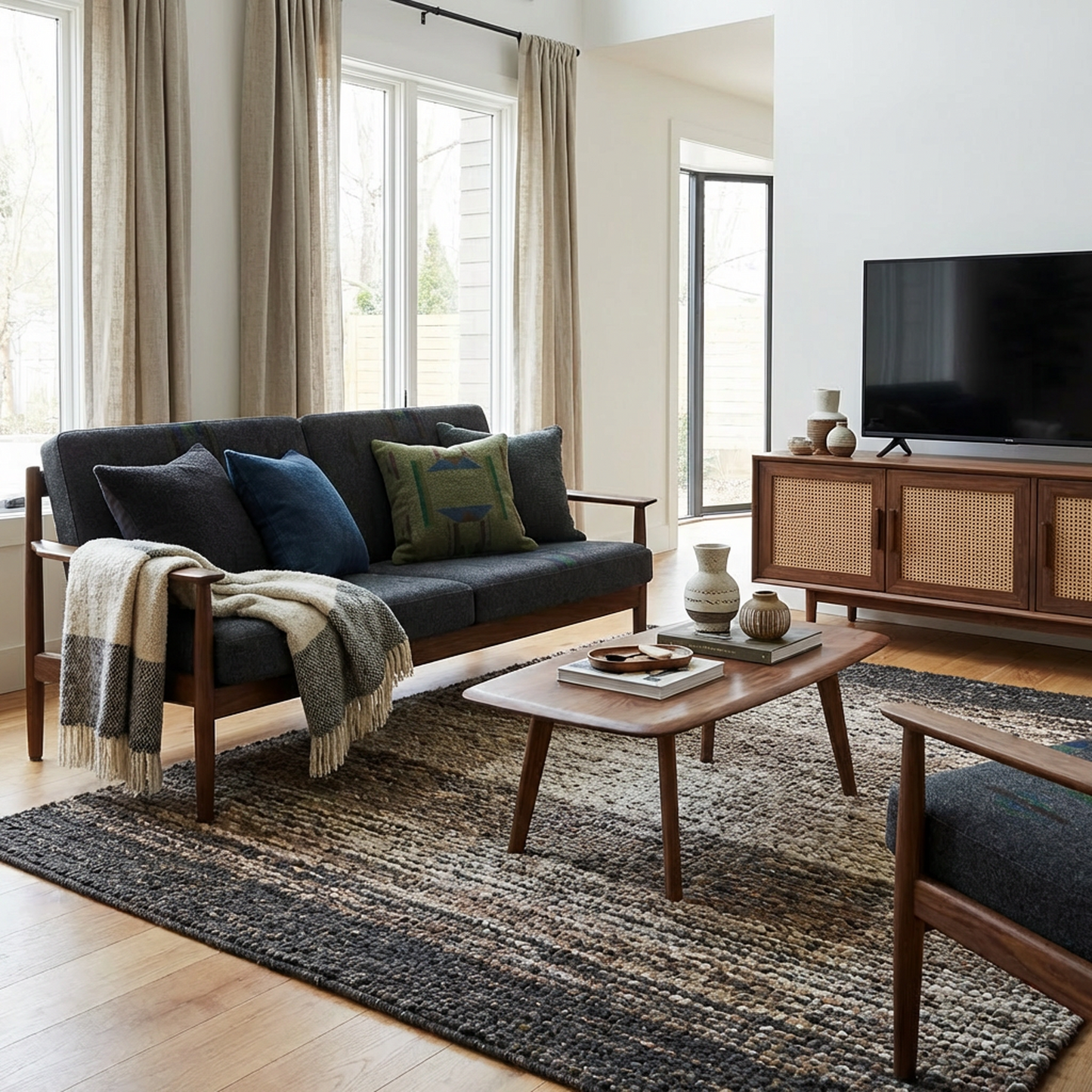 Walnut Wood Scandinavian Retro Loveseat | Fabric Two-Seater Sofa with Wooden Armrests | Minimalist Lounge Sofa