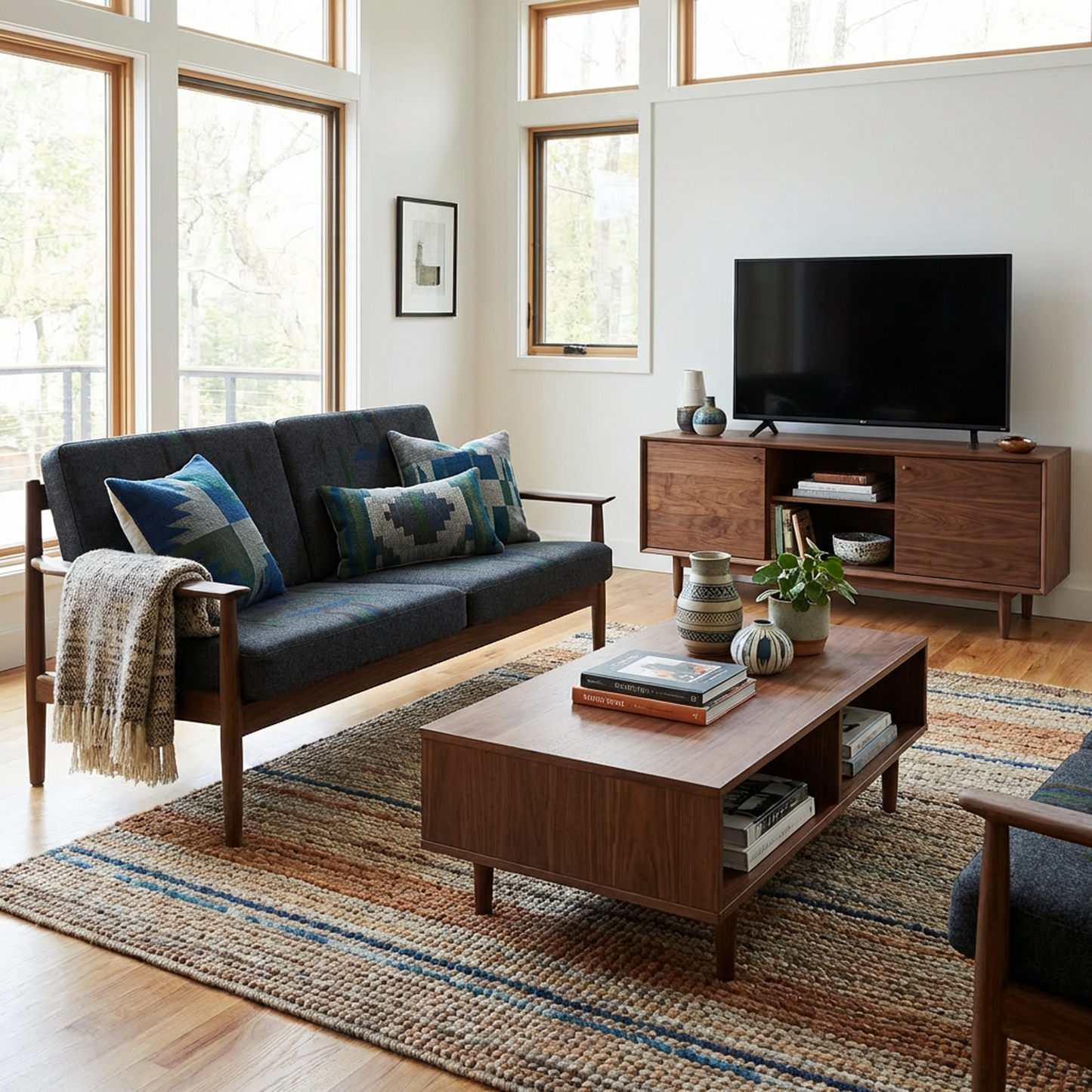 Walnut Wood Scandinavian Retro Loveseat | Fabric Two-Seater Sofa with Wooden Armrests | Minimalist Lounge Sofa