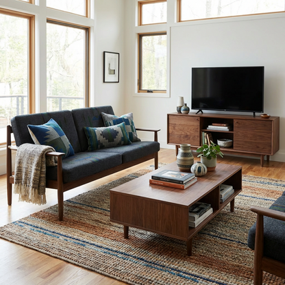 Walnut Wood Scandinavian Retro Loveseat | Fabric Two-Seater Sofa with Wooden Armrests | Minimalist Lounge Sofa
