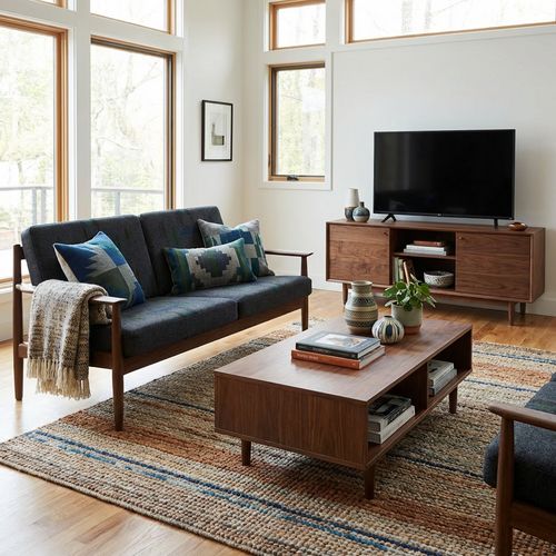 Walnut Wood Scandinavian Retro Loveseat | Fabric Two-Seater Sofa with Wooden Armrests | Minimalist Lounge Sofa