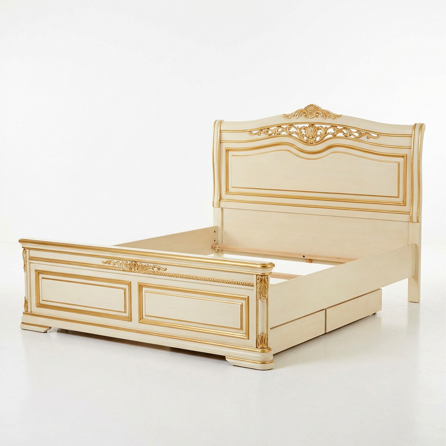 Luxury Classic Bed Frame | Ivory &amp; Gold Carved Headboard | Elegant European Style