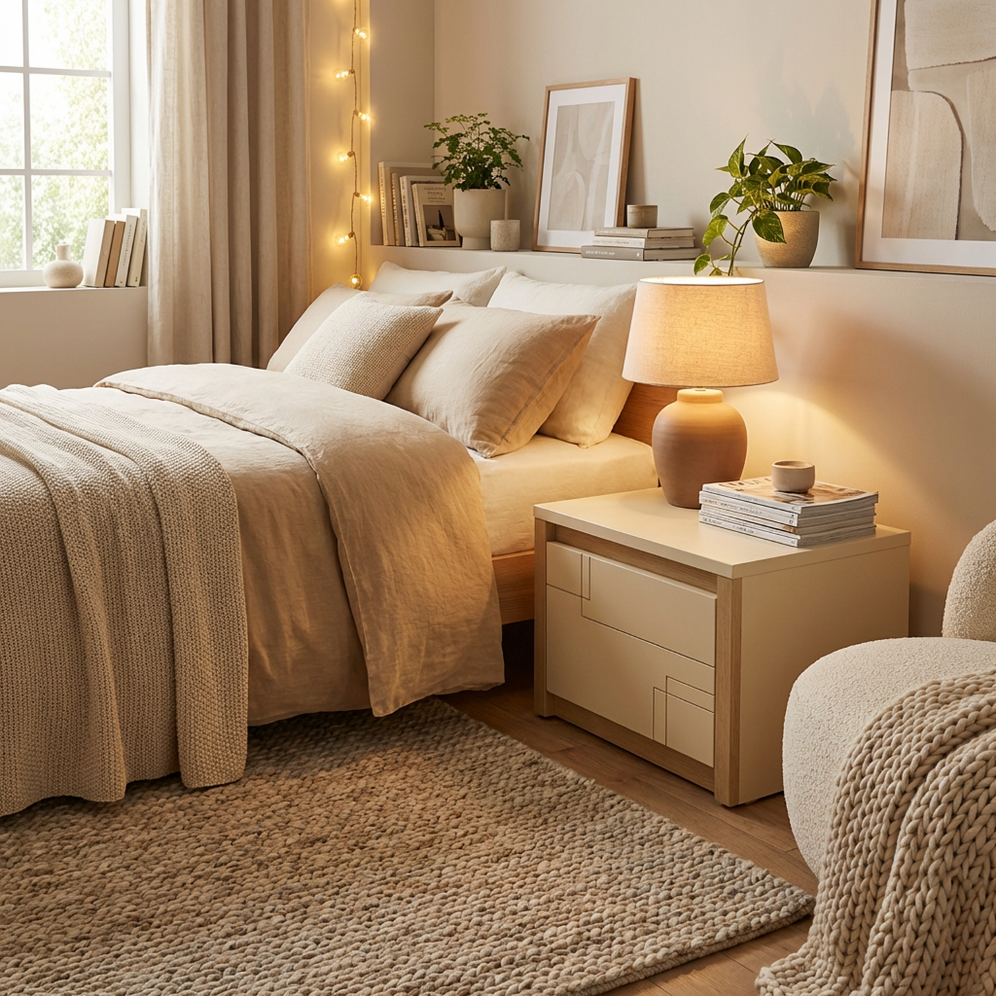 Minimalist Nightstand | Single-Drawer Storage Side Table | Cream White &amp; Natural Wood Bedside Cabinet