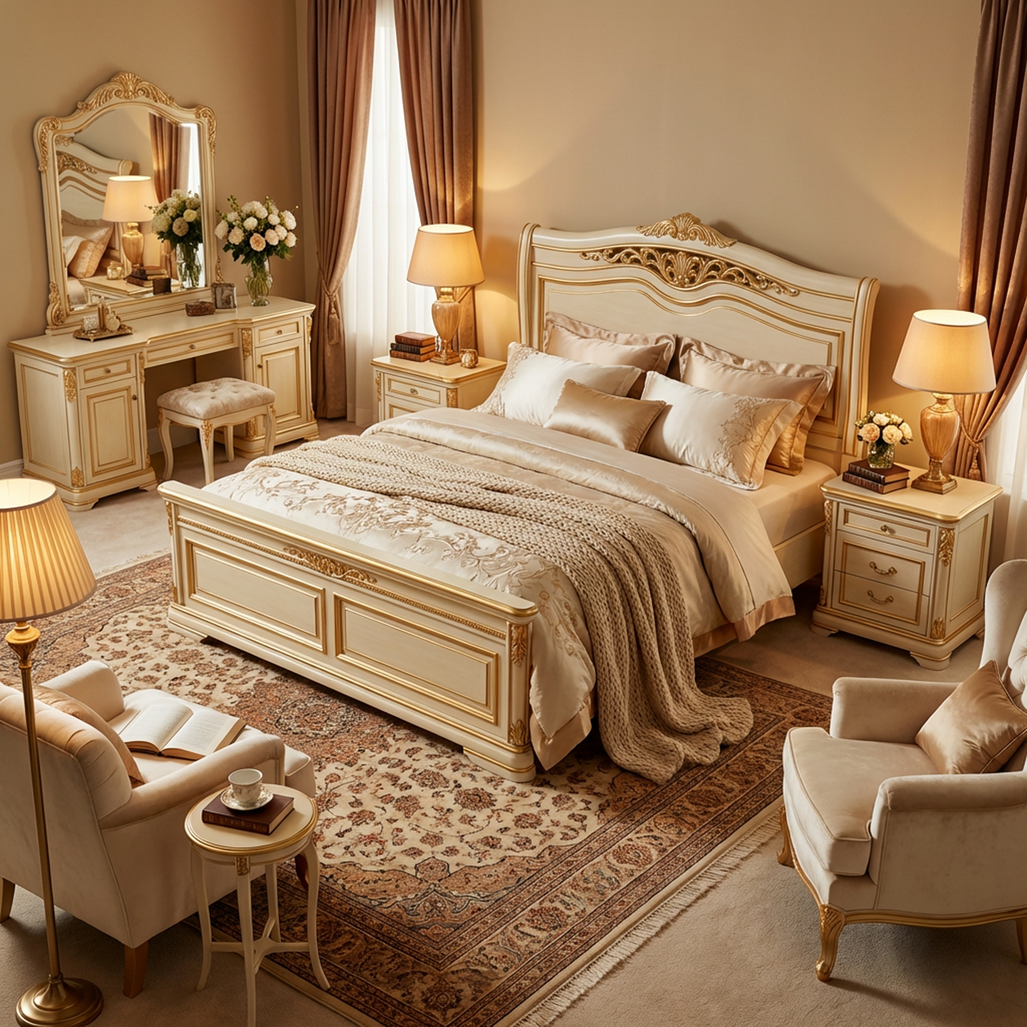 Luxury Classic Bed Frame | Ivory &amp; Gold Carved Headboard | Elegant European Style