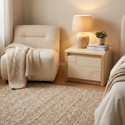 Minimalist Nightstand | Single-Drawer Storage Side Table | Cream White &amp; Natural Wood Bedside Cabinet