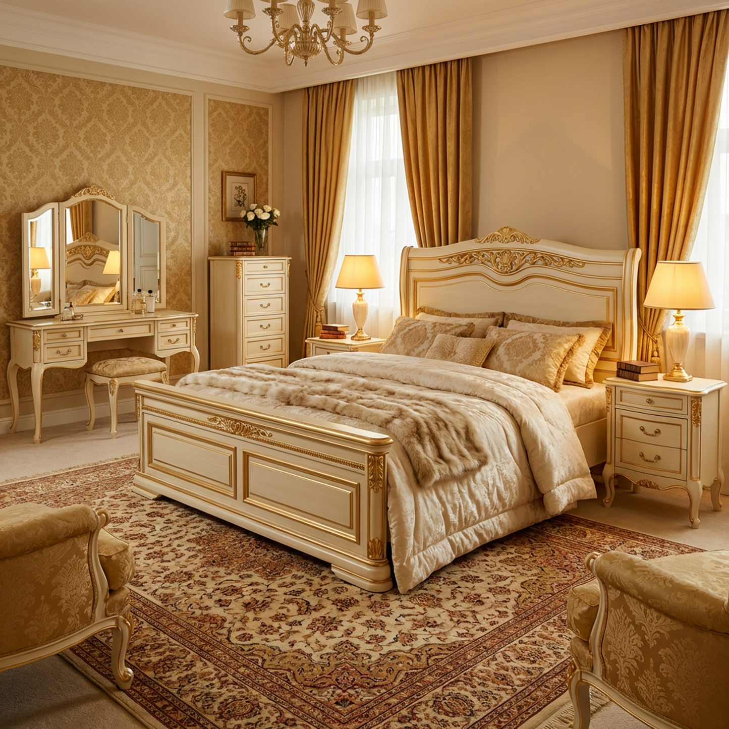Luxury Classic Bed Frame | Ivory &amp; Gold Carved Headboard | Elegant European Style