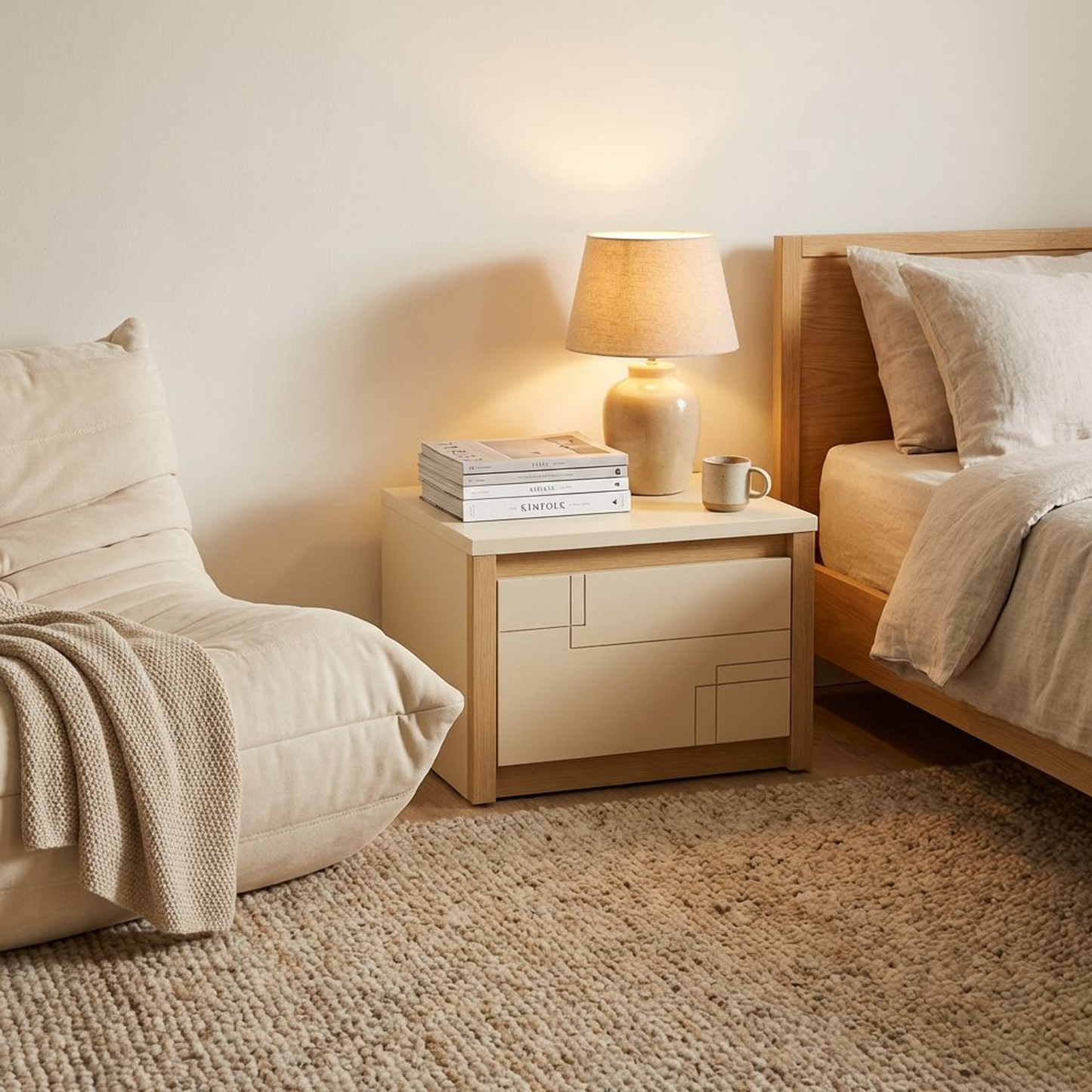 Minimalist Nightstand | Single-Drawer Storage Side Table | Cream White &amp; Natural Wood Bedside Cabinet