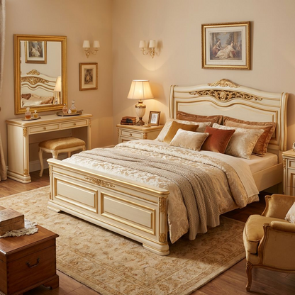 Luxury Classic Bed Frame | Ivory &amp; Gold Carved Headboard | Elegant European Style