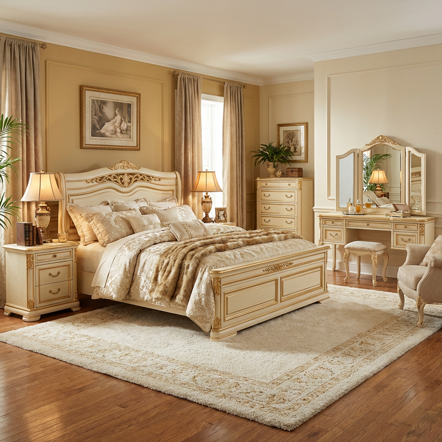 Luxury Classic Bed Frame | Ivory &amp; Gold Carved Headboard | Elegant European Style