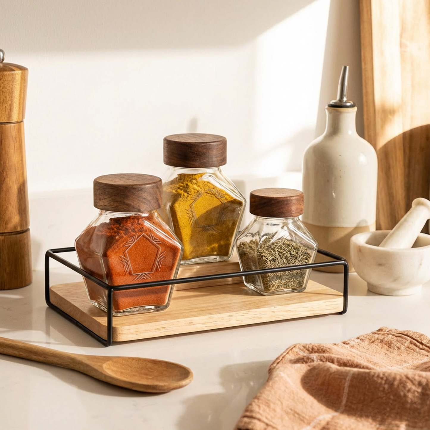 Geometric Glass Spice Jar | Wooden Lid Storage Canister | Kitchen Counter Organizer