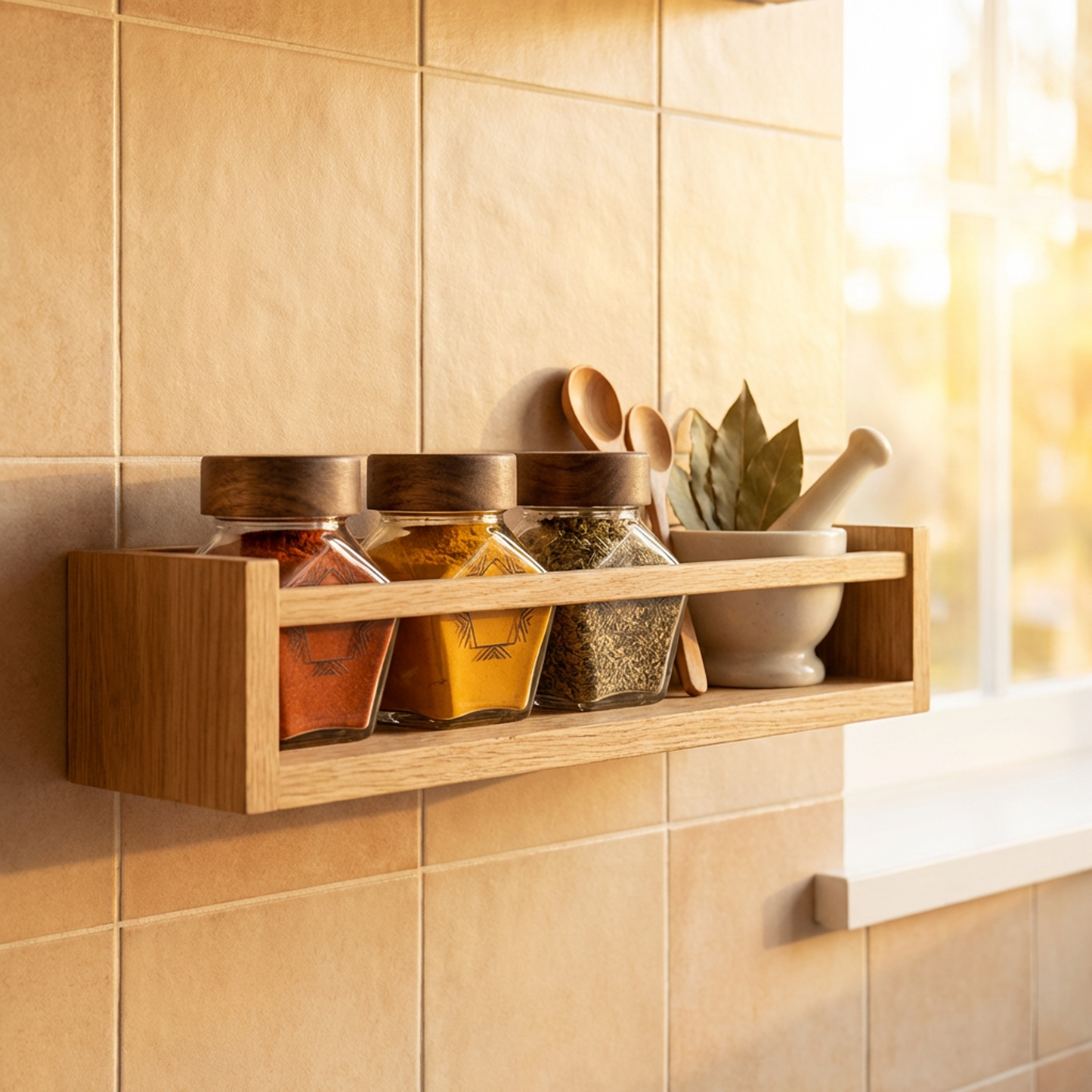 Geometric Glass Spice Jar | Wooden Lid Storage Canister | Kitchen Counter Organizer