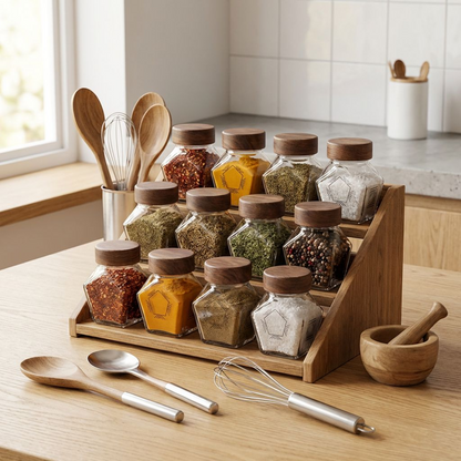 Geometric Glass Spice Jar | Wooden Lid Storage Canister | Kitchen Counter Organizer