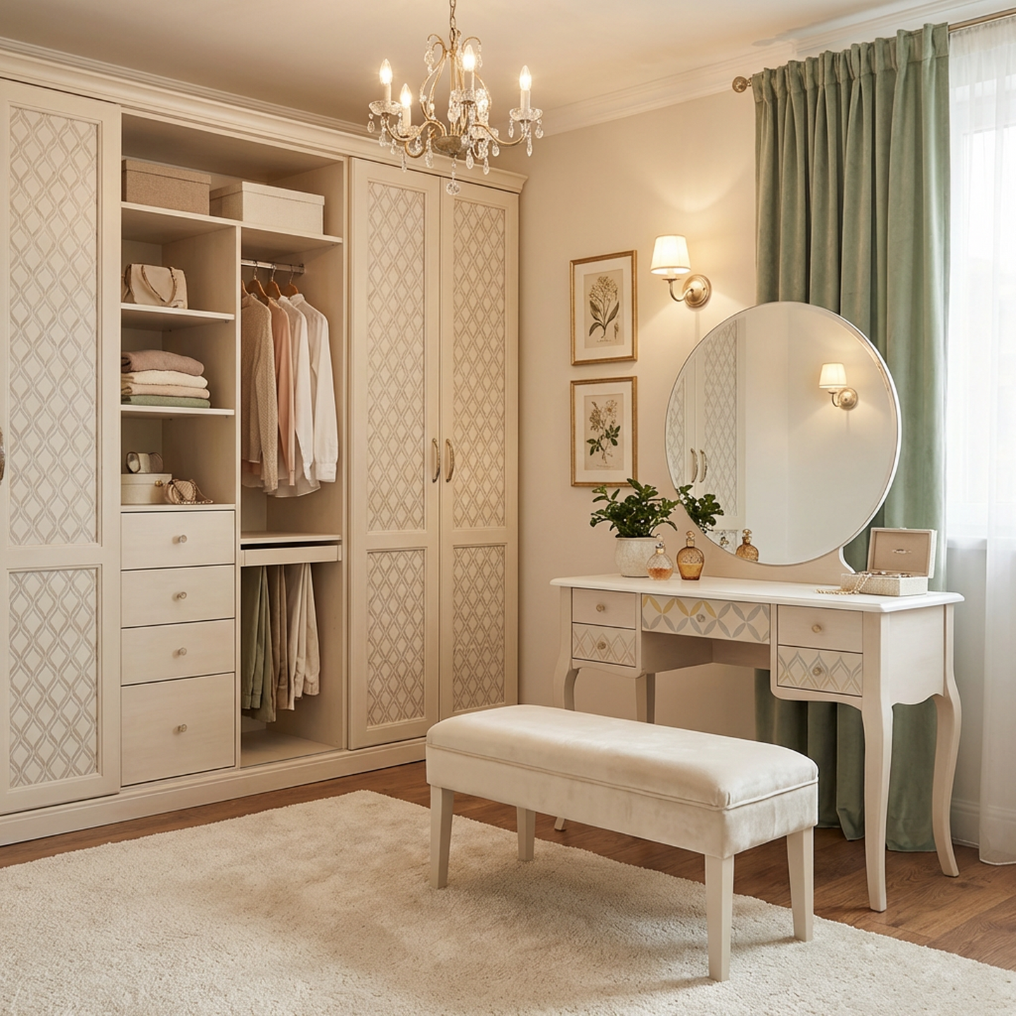 Vintage White Vanity Table with Round Mirror | 3-Drawer Makeup Desk | Elegant Curved Legs