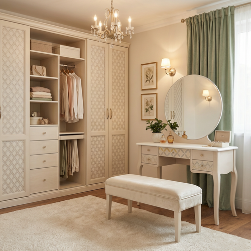 Vintage White Vanity Table with Round Mirror | 3-Drawer Makeup Desk | Elegant Curved Legs